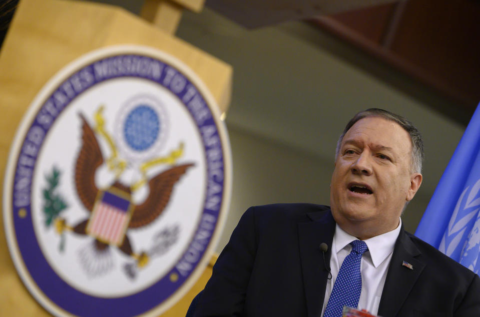 US Secretary of State Mike Pompeo speaks during a press conference at the United Nations Economic Commission for Africa, in Addis Ababa, Ethiopia, on Wednesday Feb. 19, 2020. (Andrew Caballero-Reynolds/Pool via AP)