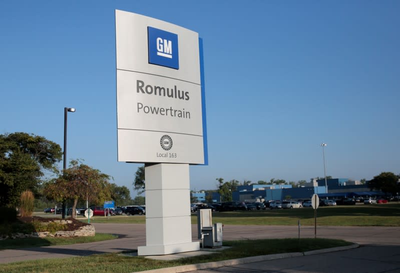 A GM Romulus Powertrain sign is seen outside the plant in Romulus, Michigan,