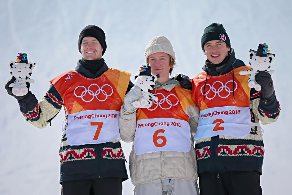 Max Parrot wins the silver medal, Red Gerard wins the gold medal, Mark Mcmorris of Canada wins the bronze medal during the Snowboarding Men's Slopestyle Finals at Pheonix Snow Park on February 11, 2018 in Pyeongchang-gun, South Korea.