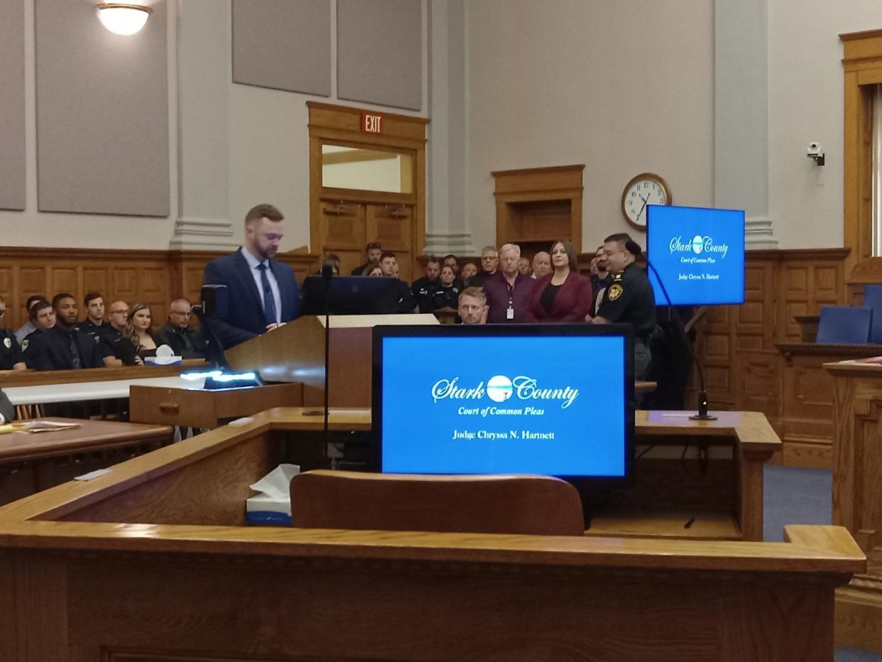 Canton police detective Matthew Thomas speaks at Tuesday's sentencing of Trezjon R. Allen and Braylen J. Smallwood, who were given 20 to 25.5 years in prison for shooting at Thomas and fellow detective Michael Herrera, who was hit by a bullet.