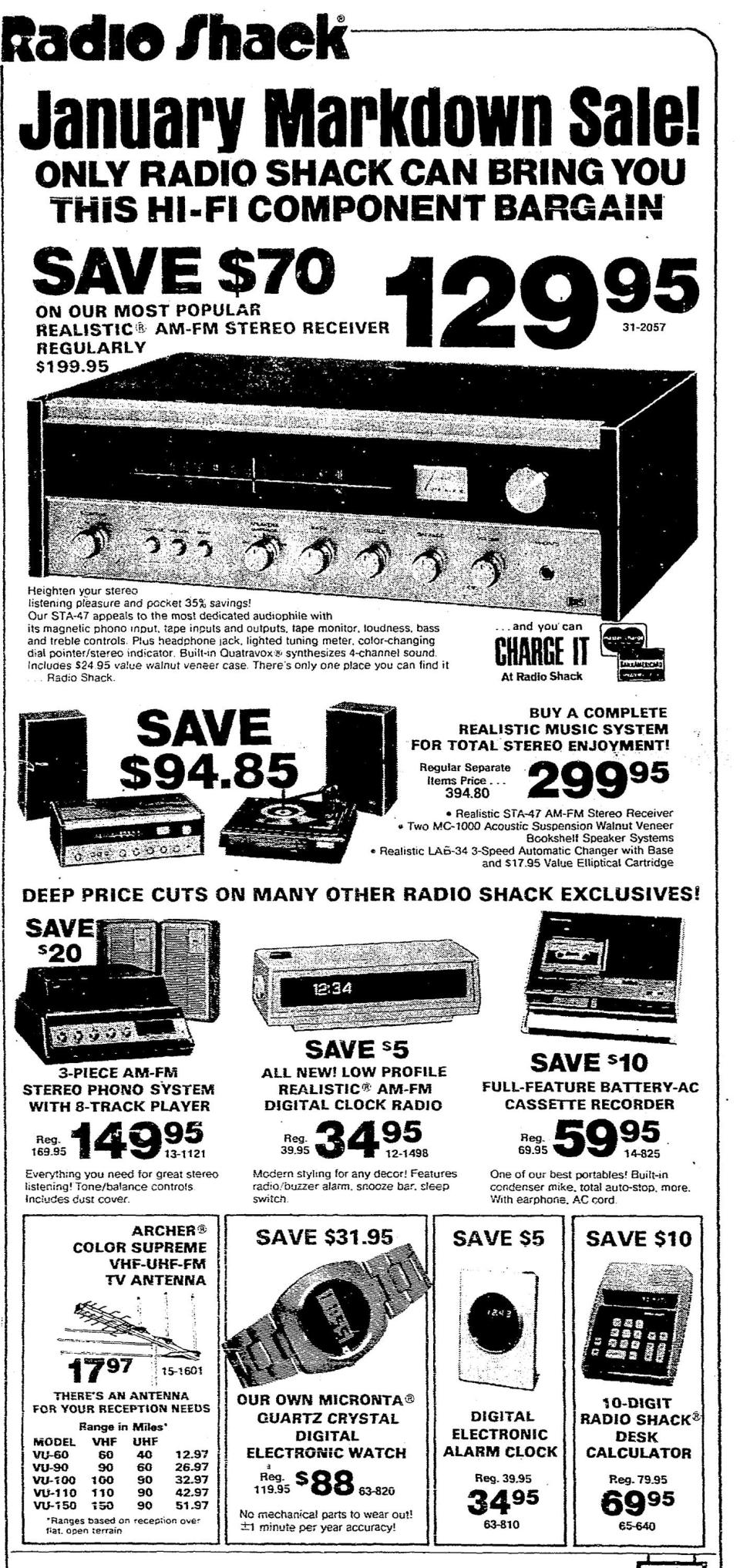 On Jan. 23, 1975, a Radio Shack advertised in the Erie Daily Times various deals including a Micronta quartz crystal digital electronic watch that was accurate to "+/- 1 minute per year." The watch was on sale that day for $88, which would be about $460 in 2022 dollars. At the time, Radio Shack had locations at the Eastway Plaza in Harborcreek Township and in the KMart Plaza, then called Plaza 79, at 2419 W. 26th St. The retailer, which once operated more than 5,000 outlets nationwide, closed more than 1,700 stores in 2015 after filing for bankruptcy, including four Erie County locations and one in Meadville. The KMart Plaza store remained in operation the longest, closing sometime after March 2017.