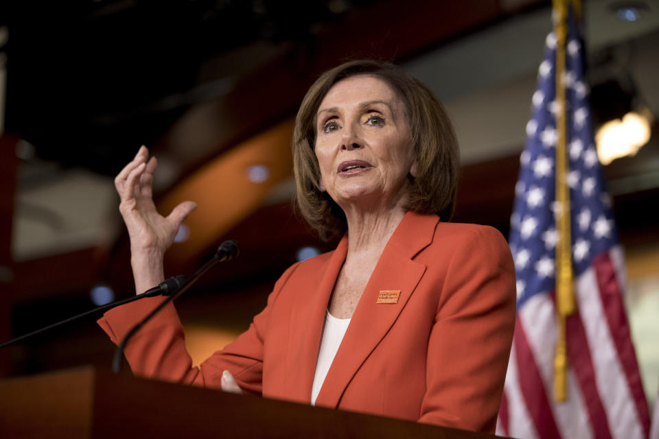 House Speaker Nancy Pelosi of Calif. meets with reporters at the Capitol in Washington, Wednesday, June 5, 2019. (AP Photo/Andrew Harnik)