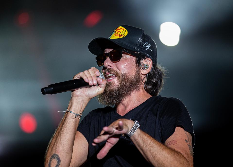 Country singer-songwriter Chris Janson performs on the Texas Roadhouse concert stage at the 2023 Kentucky State Fair on Thursday evening. Aug. 17, 2023