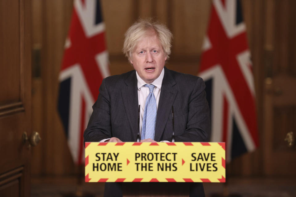Britain's Prime Minister Boris Johnson during a media briefing on coronavirus (COVID-19) in Downing Street, London, Wednesday February 10, 2021. (Steve Reigate/Pool via AP)