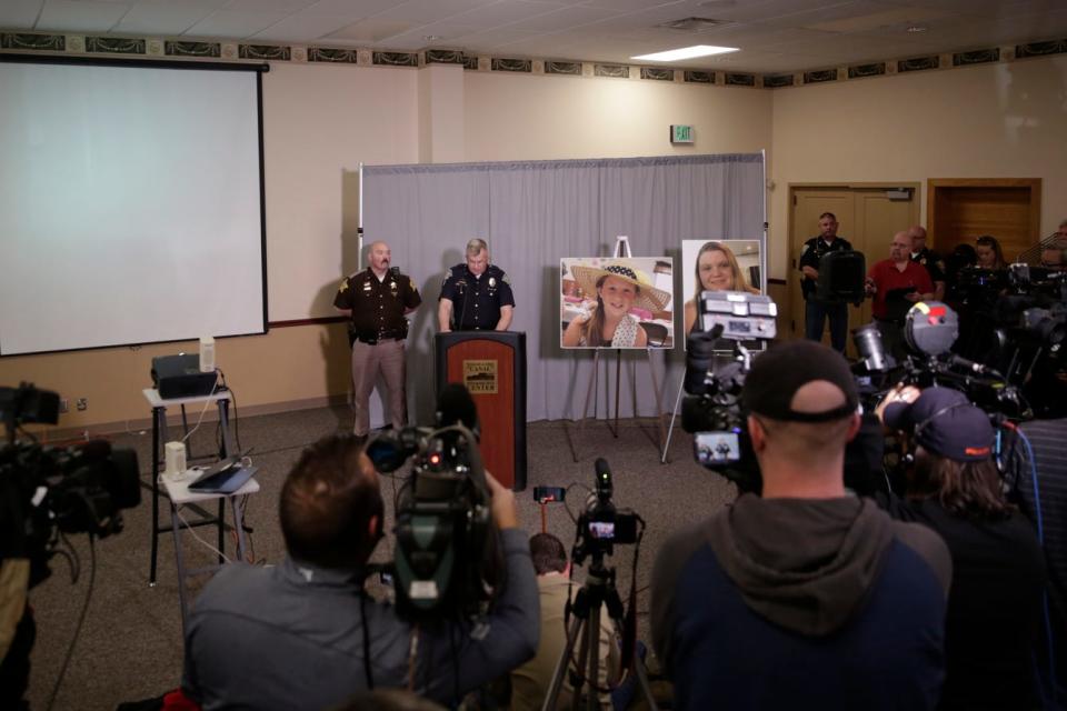 Supt. Doug Carter of the Indiana State Police, right, speaks during a press conference on an update on the Delphi murders investigation, Monday, April 22, 2019 at the Canal Center in Delphi. Abby Williams and Libby German, both Delphi eighth-graders, were murdered while hiking a popular community trail near Delphi on Feb. 13, 2017.