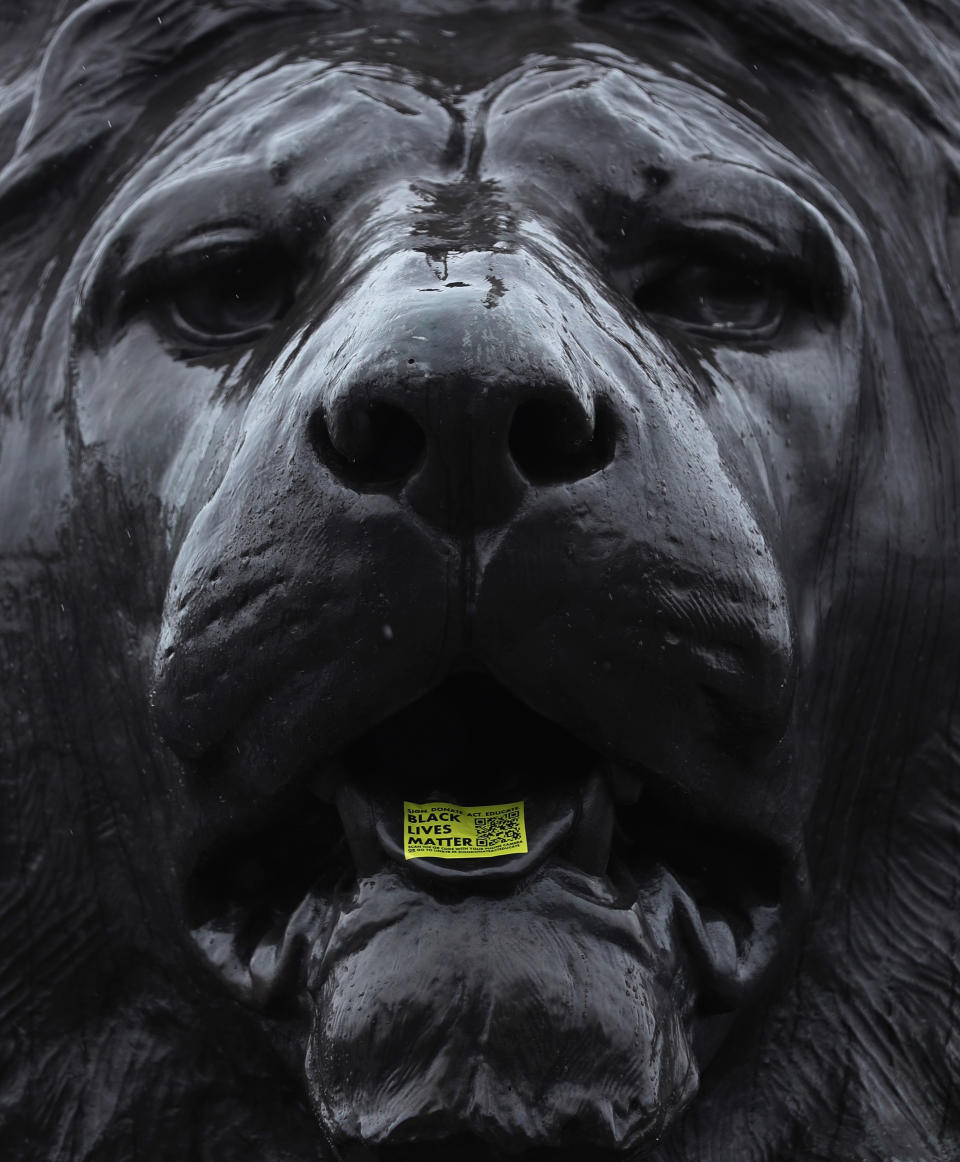 A sticker placed on the tongue of one of the lion sculptures in Trafalgar Square, London, following a raft of Black Lives Matter protests that took place across the UK over the weekend. The protests were sparked by the death of George Floyd, who was killed on May 25 while in police custody in the US city of Minneapolis.
