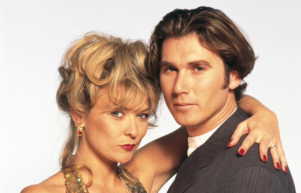 Claire King with her on-screen 'Emmerdale' flame Ian Kelsey in 1995. (Tim Roney/Getty Images)