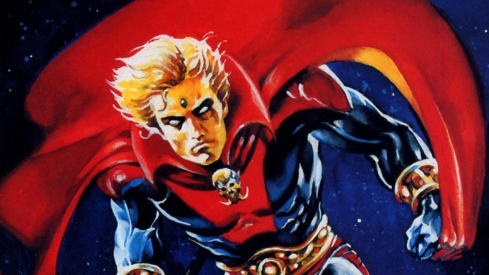 Trading card art from the 1990s of Adam Warlock.