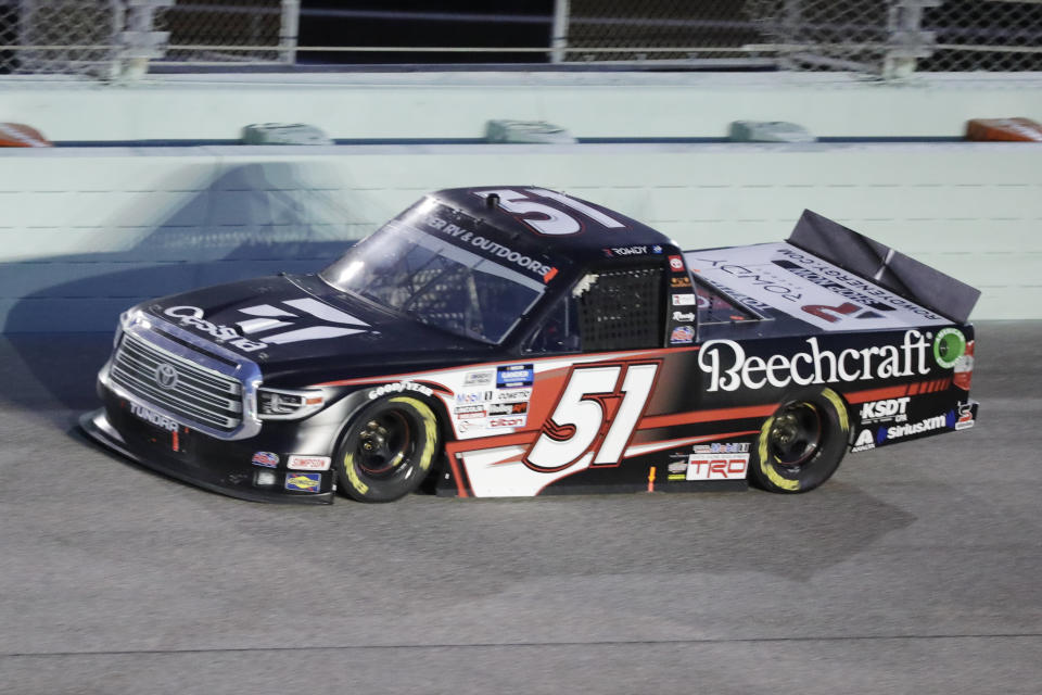 Kyle Busch (51) drives during a NASCAR Truck Series auto race Saturday, June 13, 2020, in Homestead, Fla. (AP Photo/Wilfredo Lee)