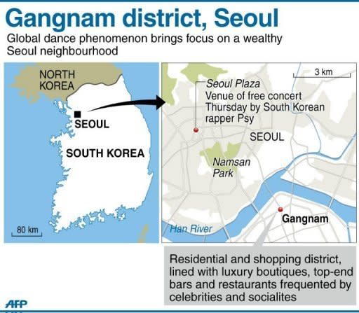 Graphic map showing Gangnam district in the South Korean capital. South Korean rapper Psy has brought his hit "Gangnam Style" home with a raucous free concert in Seoul, capping a month of global chart success that turned the chubby 34-year-old into a national hero