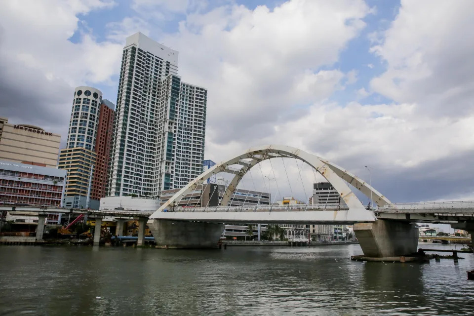 The China-funded Binondo-Intramuros Bridge is under construction in Manila, the Philippines on March 3, 2022. The Binondo-Intramuros Bridge is a steel bowstring arch bridge in Manila City that will connect the Intramuros side and Binondo side over the Pasig River. (Photo by Rouelle Umali/Xinhua via Getty Images)