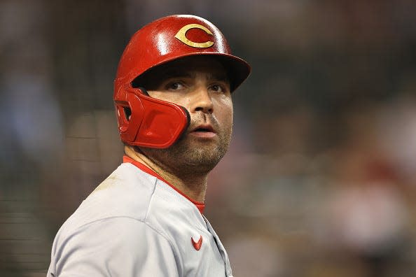 Joey Votto #19 of the Cincinnati Reds stands on deck during the seventh inning of the MLB game at Chase Field on June 13, 2022 in Phoenix, Arizona. The Reds defeated the Diamondbacks 5-4.