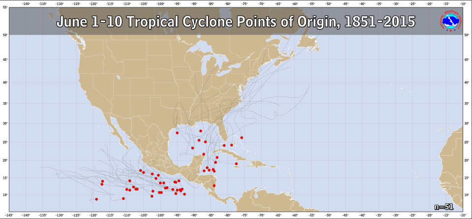 Map shows where tropical cyclones have originated from June 1 through June 10 from 1851 through 2015.