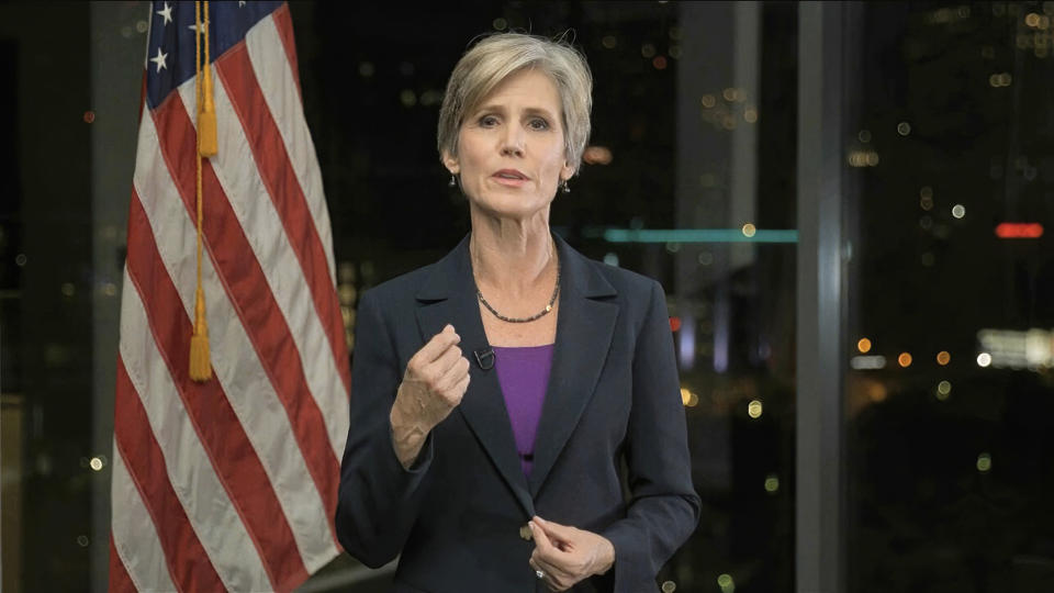 In this image from video, former Acting Attorney General Sally Yates speaks during the second night of the Democratic National Convention on Tuesday, Aug. 18, 2020. (Democratic National Convention via AP)