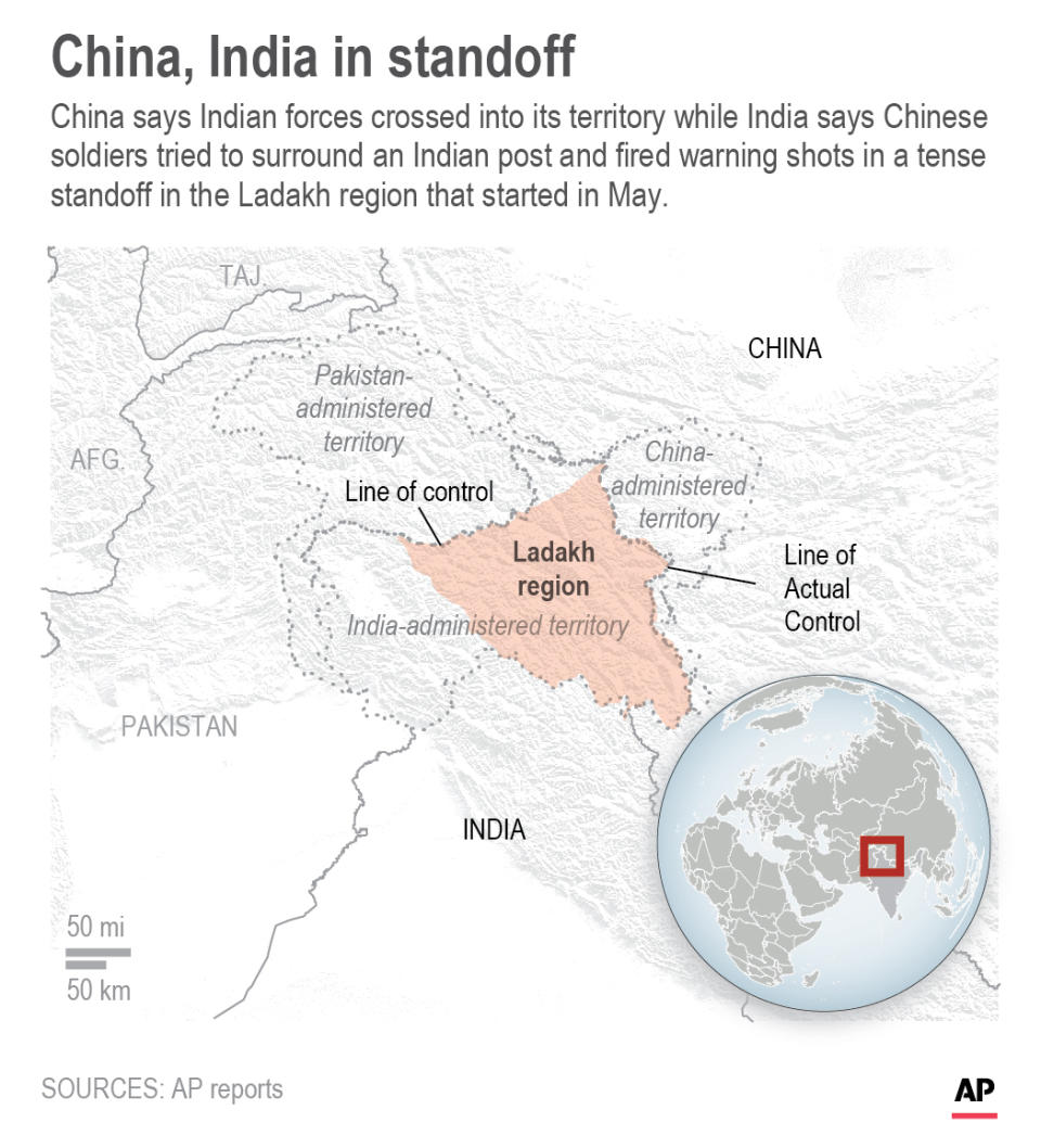 Map shows Ladakh region in disputed area between India and China, where the countries accused each other of firing warning shots;