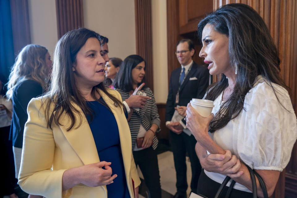 House Republican Conference Chair Elise Stefanik, R-N.Y., left, speaks with Penny Nance, president of Concerned Women for America, as GOP women members hold an event before the vote to prohibit transgender women and girls from playing on sports teams that match their gender identity, at the Capitol in Washington, Thursday, April 20, 2023. (AP Photo/J. Scott Applewhite)