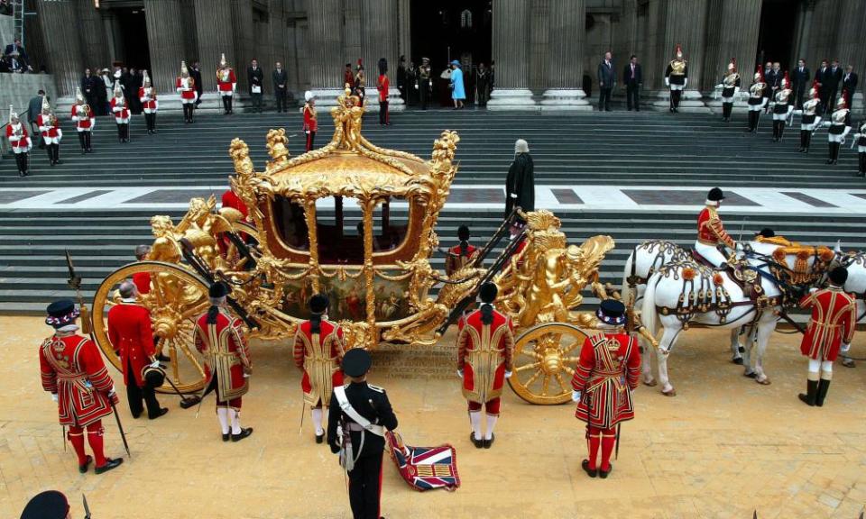 The Queen at St Paul’s cathedral after arriving in the golden coach, first seen in public in 1762, when King George III travelled to the state opening of parliament.