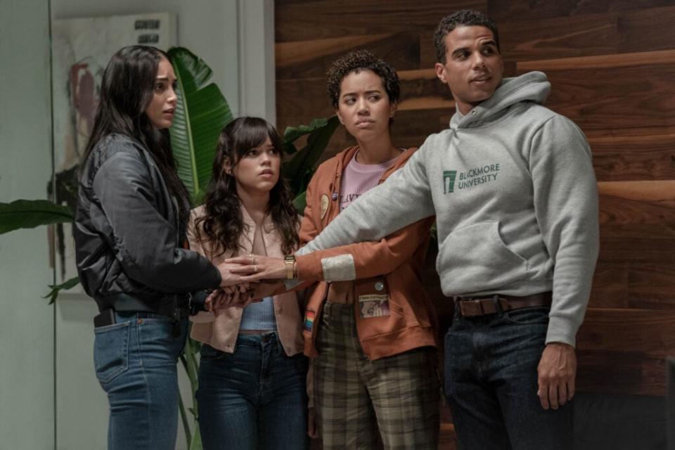 L-r, Melissa Barrera (“Sam Carpenter”) , Jenna Ortega (“Tara Carpenter”), Jasmin Savoy Brown (“Mindy Meeks-Martin”) and Mason Gooding (“Chad Meeks-Martin”) star in Paramount Pictures and Spyglass Media Group’s <em>Scream VI</em>. (Courtesy of Paramount Pictures)