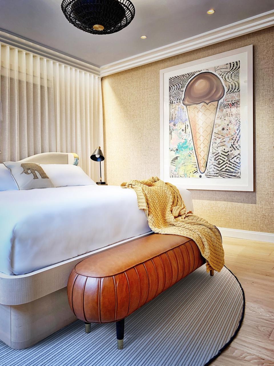 Guestrooms and suites at The White Elephant range from 510 to 3,000 square feet. On the wall of this room is "Chocolate Cone" by Donald Baeschler.