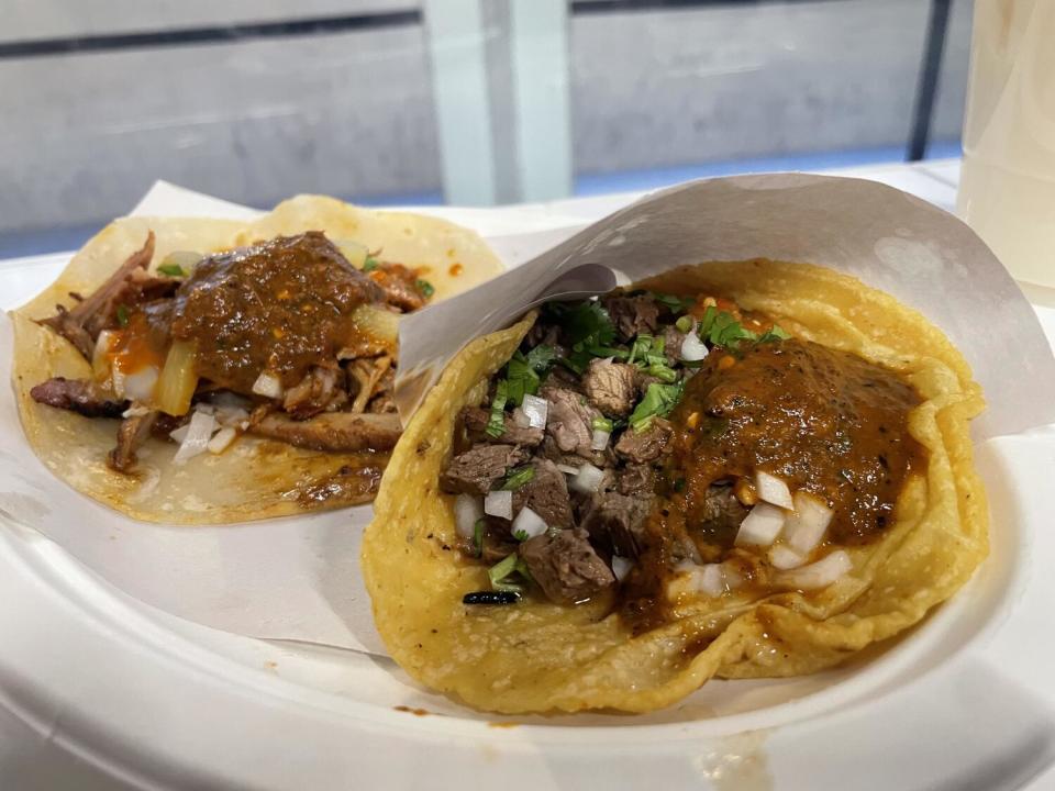 Tacos of charbroiled chicken and carne asada at Los Tacos No. 1 in Times Square