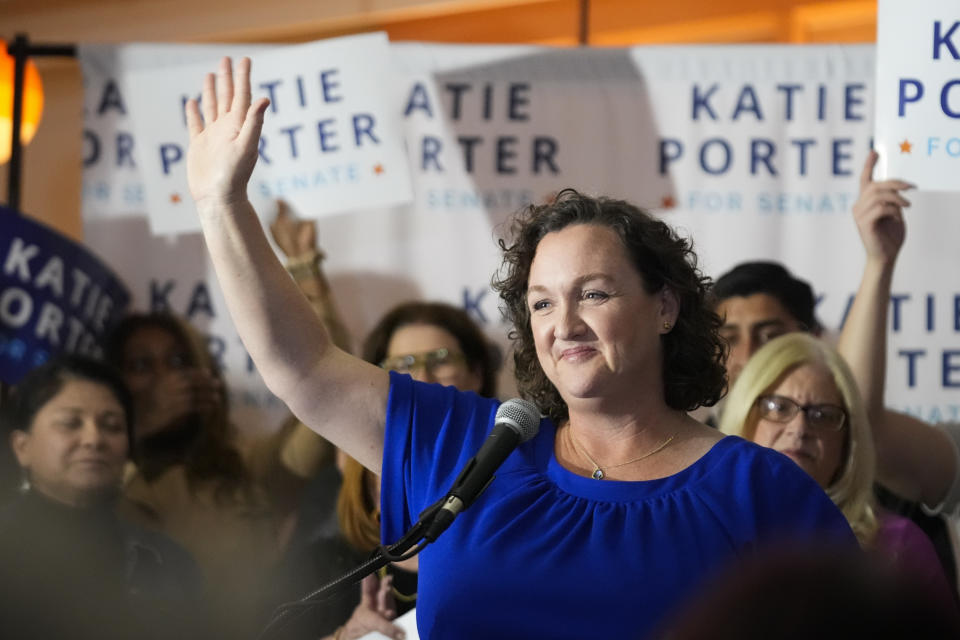 FILE - Rep. Katie Porter, D-Calif., waves at supporters at an election night party, Tuesday, March 5, 2024, in Long Beach, Calif. Porter built a social media reputation by wielding a white board at congressional hearings, and that helped propelled her campaign for the Senate. But on Super Tuesday, the numbers didn't add up for her in the primary and she'll be out of a job in Washington come January. (AP Photo/Damian Dovarganes, File)