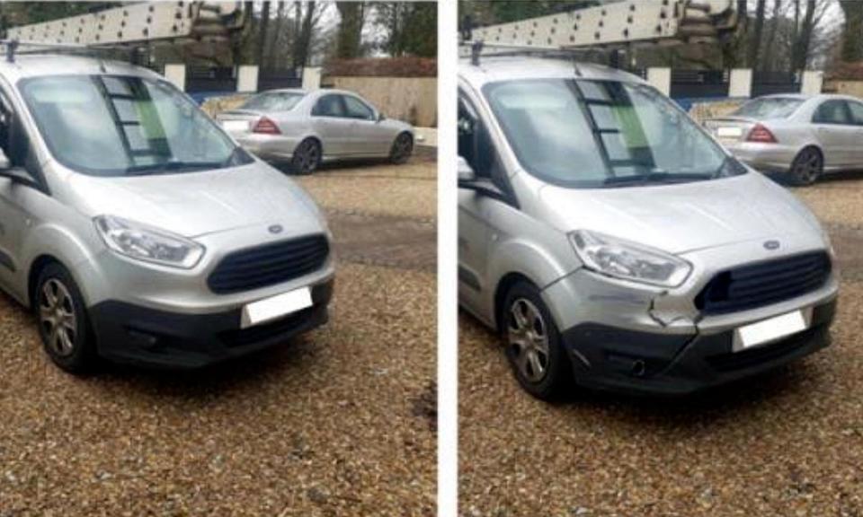 <span>In one case an image of a tradesperson’s van was taken from social media, left, and then cracks were added to the bumper for a fake insurance claim.</span><span>Photograph: supplied</span>