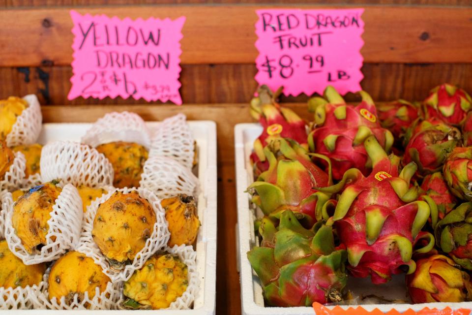 Farmer in the Dale Produce sells exotic dragon fruits in Desert Hot Springs, Calif., on November 22, 2021. 