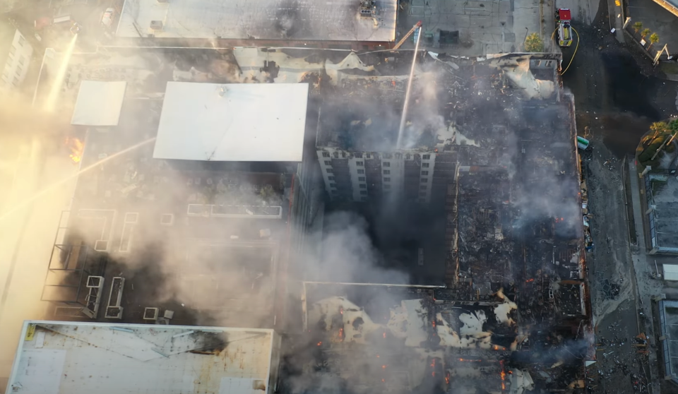 This aerial drone image shows the devastation of the Jan. 28 fire that destroyed the RISE Doro apartments under construction in downtown Jacksonville.