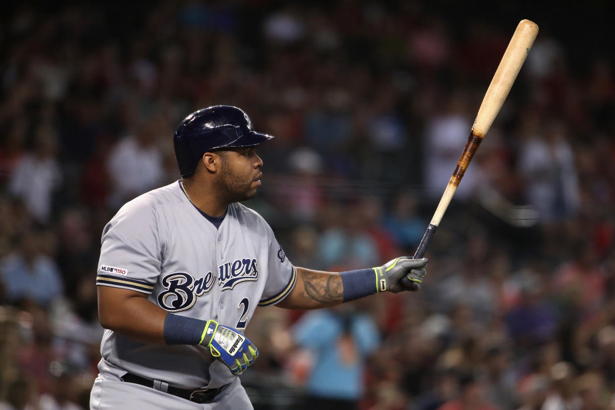 Jesús Aguilar has been traded from Milwaukee to Tampa. (Photo by Christian Petersen/Getty Images)