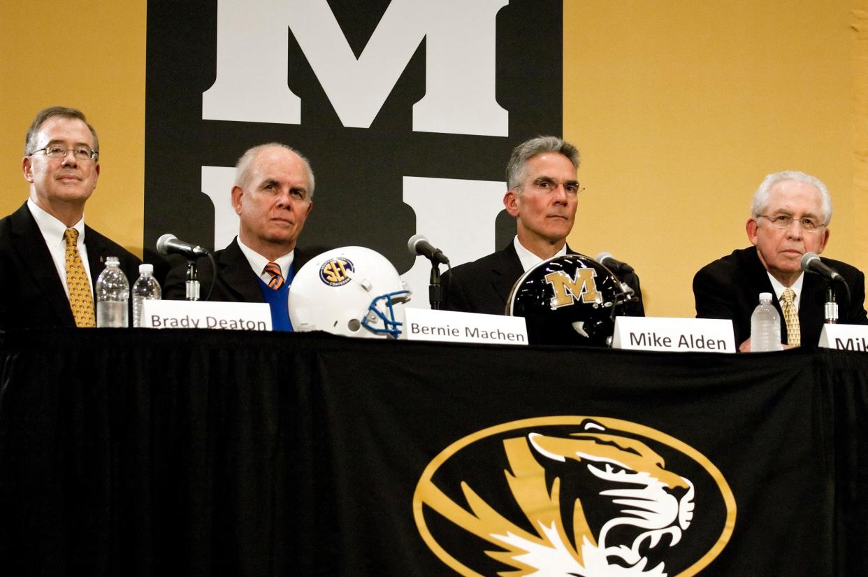 From left, University of Missouri Chancellor Brady Deaton, University of Florida President Bernie Machen, MU athletic director Mike Alden, and SEC Commissioner Mike Slive listen to a reporter's question following the announcement that Missouri would join the SEC effective July 1, 2012, with competition to begin in all sports for the 2012-13 academic year.