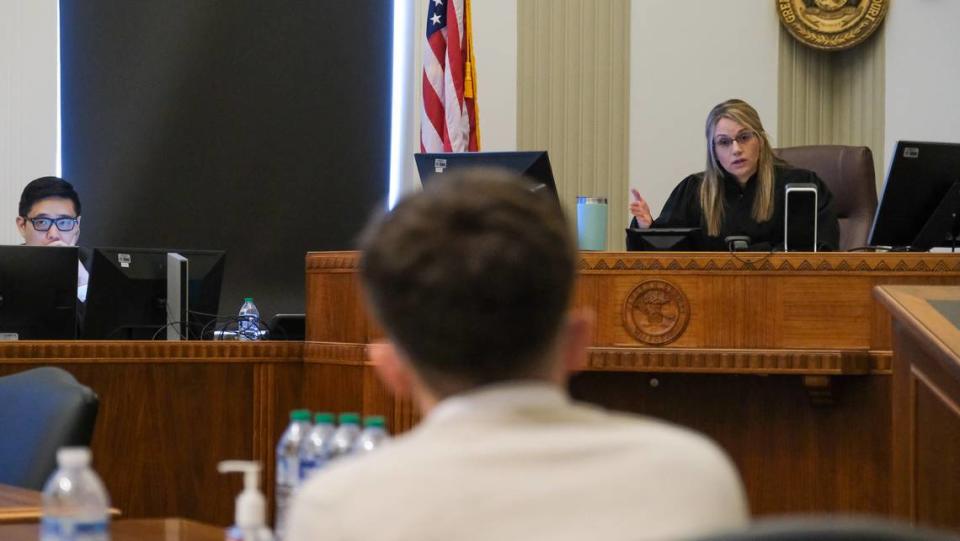 Jackson County Judge Sarah A. Castle on Wednesday spoke to Jerron Lightfoot of Tonganoxie about what she was considering when determining his sentencing for his guilty pleat to two counts of involuntary manslaughter. Castle sentenced Lightfoot to 10 years in prison for driving recklessly and causing the February 2023 crash that killed Kansas City police officer James Muhlbauer and Jesse Eckes, a bystander caught up in the wreckage. Muhlbauer’s police dog, Champ, was also killed in the crash.