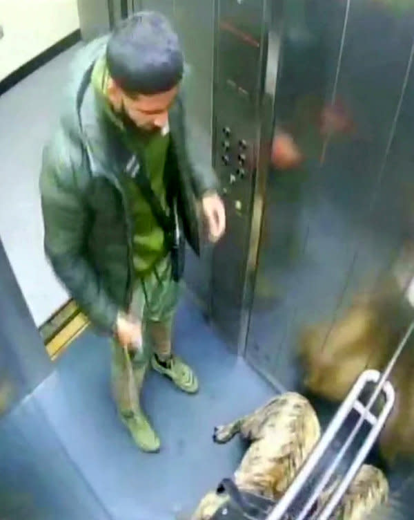 Shahzeeb Shazad Khan was caught on camera viciously kicking his eight-month-old puppy in the head (swns)