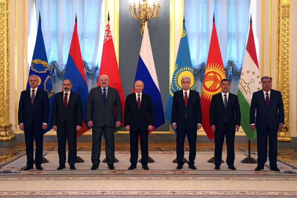 General Secretary of the Collective Security Treaty Organization (CSTO) Stanislav Zas, Armenian Prime Minister Nikol Pashinyan, Belarusian President Alexander Lukashenko, Russian President Vladimir Putin, Kazakh President Kassym-Jomart Tokayev, Kyrgyz President Sadyr Japarov and Tajik President Emomali Rakhmon pose for a picture during the CSTO summit at the Kremlin in Moscow, Russia in May 2022.