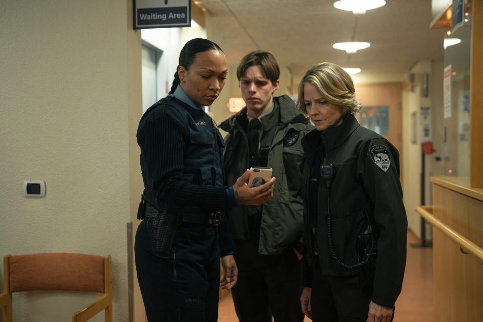 (L-R) Trooper Evangeline Navarro (Kali Reis), Officer Peter Prior (Finn Bennett) and Chief Liz Danvers (Jodie Foster) in "True Detective: Night Country."