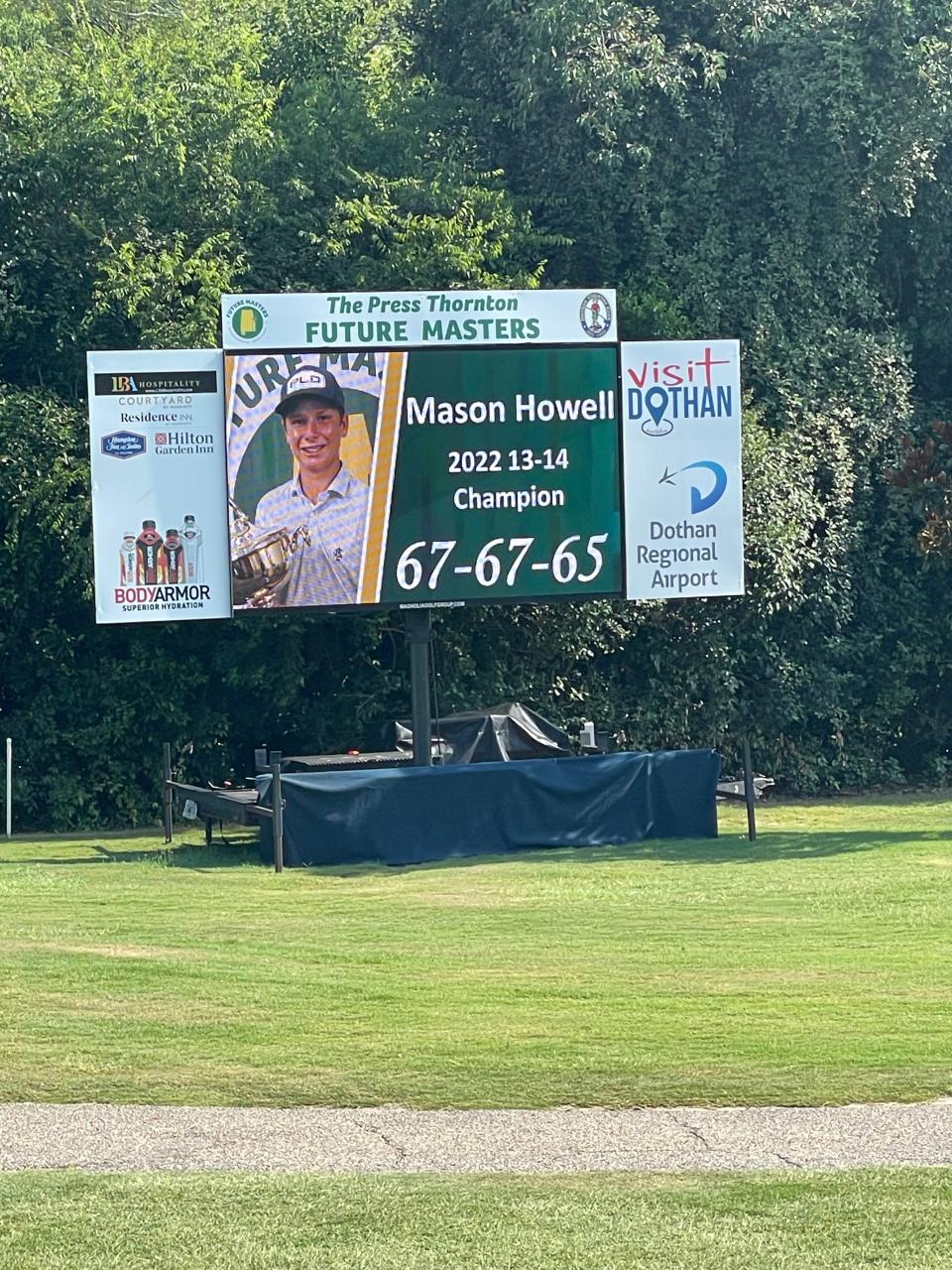 Mason Howell is shown on Dothan Country Club screen following winning Press Thornton Future Masters, June 21, 2022