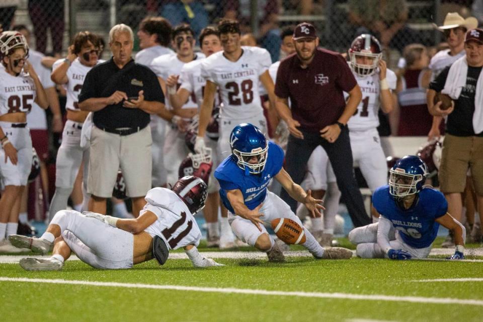 Vancleave recovers a ball fumbled by East Central during a game between Vancleave and East Central at Vancleave Football Stadium in Vancleave on Thursday, Nov. 3, 2022.