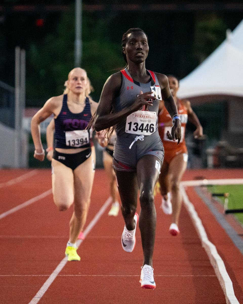Texas Tech freshman Juliet Cherubet, pictured running a race in March, was the women's co-leading scorer at the Big 12 outdoor track and field championships that concluded Saturday in Waco.  Cherubet won the 1,500 meters and finished second in the 5,000 meters.