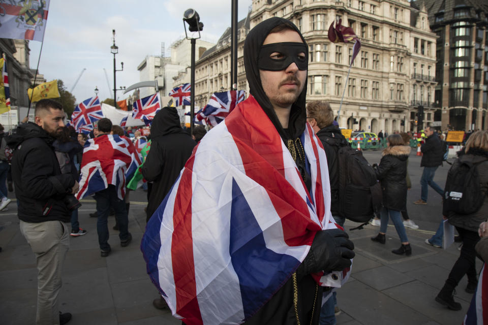 Pro Brexit anti European Union Leave protesters demonstrating in Westminster on what, prior to another Brexit Day extension, would have been the day the UK was scheduled to leave the EU, and instead political parties commence campaigning for a General Election on 31st October 2019 in London, England, United Kingdom. Brexit is the scheduled withdrawal of the United Kingdom from the European Union. Following a June 2016 referendum, in which 51.9% of participating voters voted to leave. (photo by Mike Kemp/In Pictures via Getty Images)