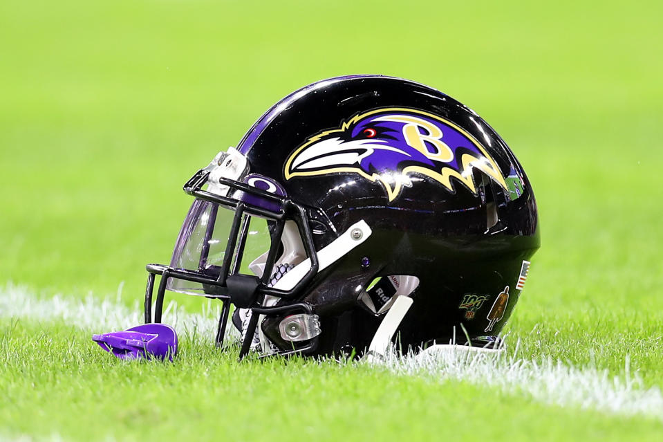 BALTIMORE, MARYLAND - JANUARY 11: A detail of a Baltimore Ravens helmet before the AFC Divisional Playoff game between the Baltimore Ravens and the Tennessee Titans at M&T Bank Stadium on January 11, 2020 in Baltimore, Maryland. (Photo by Maddie Meyer/Getty Images)
