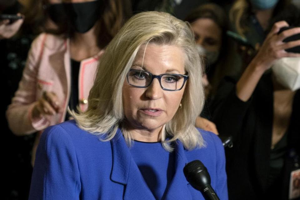 Rep. Liz Cheney, R-Wyo., speaks to reporters after House Republicans voted to oust her from her leadership post (AP Photo/Manuel Balce Ceneta)