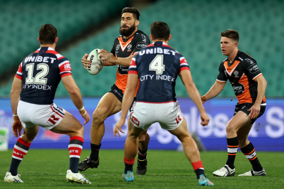 James Tamou, pictured here in action for the Wests Tigers against the Sydney Roosters.