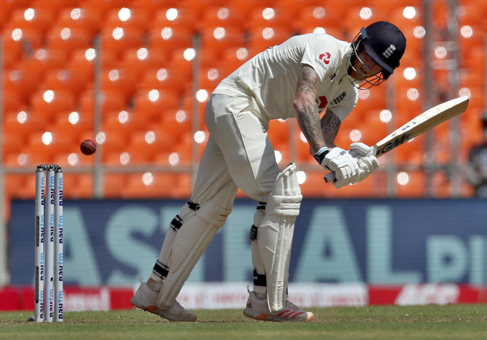 England's Ben Stokes plays a shot during the first day of fourth cricket test match between India and England at Narendra Modi Stadium in Ahmedabad, India, Thursday, March 4, 2021. (AP Photo/Aijaz Rahi)