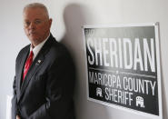 Jerry Sheridan is running for the position of Maricopa County Sheriff in the Republican primary shown here Wednesday, July 22, 2020, in Fountain Hills, Ariz. Former Maricopa County Sheriff Joe Arpaio is trying to win back the sheriff’s post in metro Phoenix. He faces his former second-in-command, Sheridan, in the Aug. 4 Republican primary. Sheridan, who said Arpaio backed out a promise to support him, said his 38 years in law enforcement could help turn around a tarnished agency and insisted that he is his own man. (AP Photo/Ross D. Franklin)