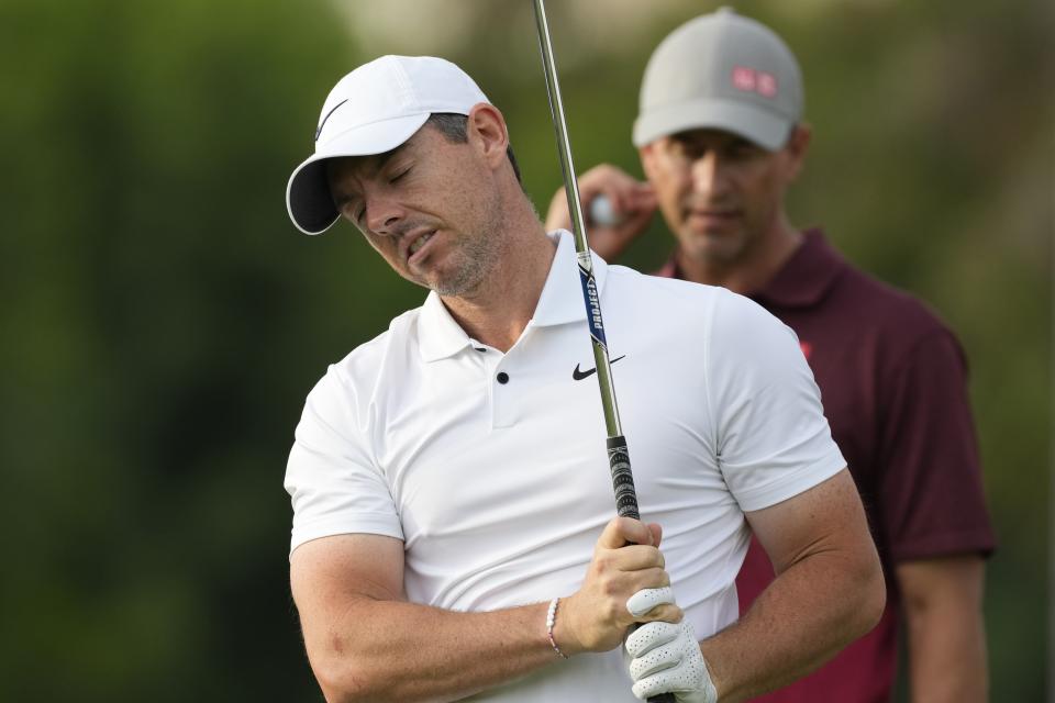 Rory McIlroy of Northern Ireland reacts on 11th hole during the first round of the Hero Dubai Desert Classic golf tournament, in Dubai, United Arab Emirates, Thursday, Jan. 18, 2024. (AP Photo/Kamran Jebreili)