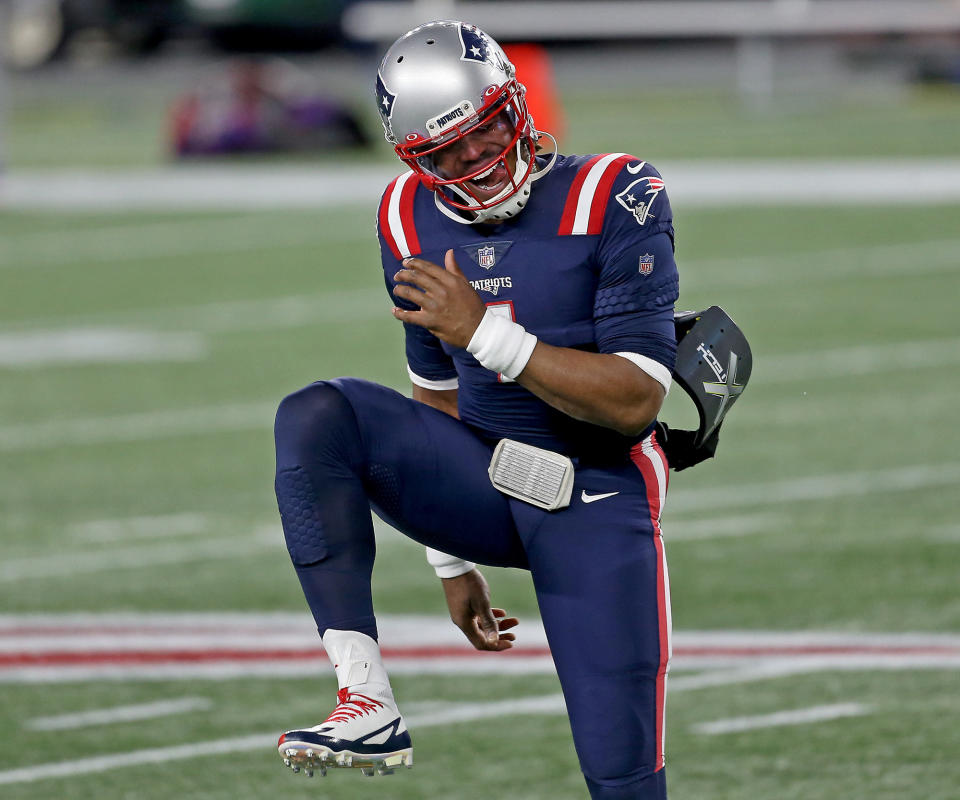 FOXBOROUGH, MA. - DECEMBER 28: Cam Newton #1 of the New England Patriots dances as he warms up before the NFL game against the Buffalo Bills at Gillette Stadium on December 28, 2020 in Foxborough, Massachusetts.   (Staff Photo By Matt Stone/ MediaNews Group/Boston Herald)