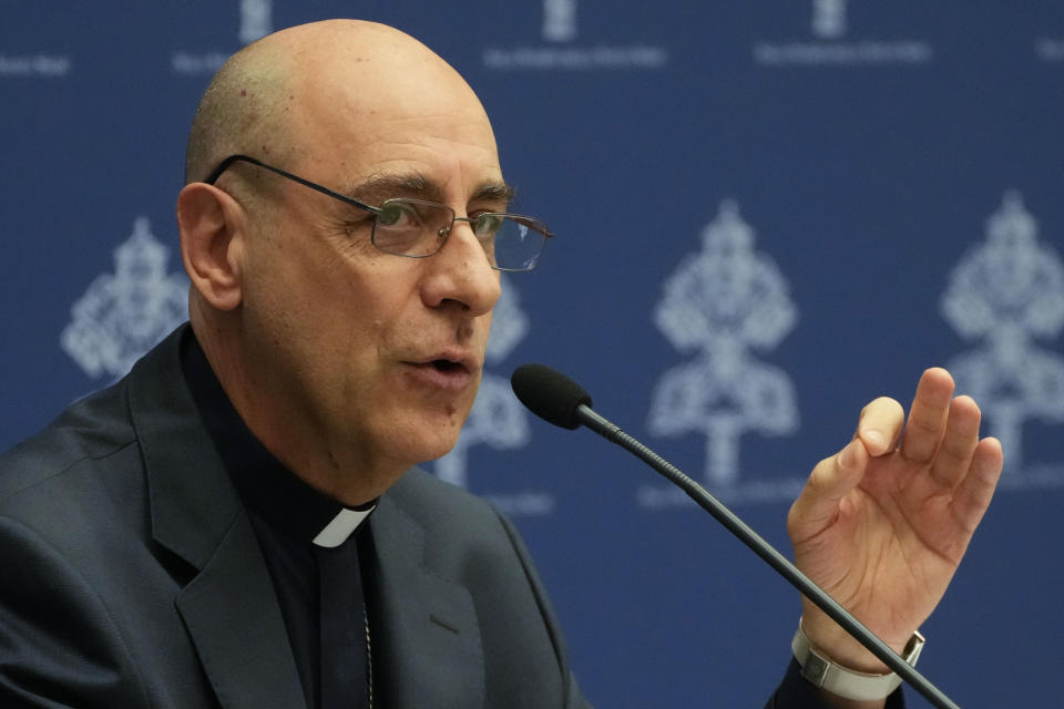 The prefect of the Vatican's Dicastery for the Doctrine of the Faith, Cardinal Victor Manuel Fernandez, presents the declaration 'Dignitas Infinita' (Infinite Dignity) during a press conference at the Vatican, Monday, April 8, 2024. (AP Photo/Gregorio Borgia)