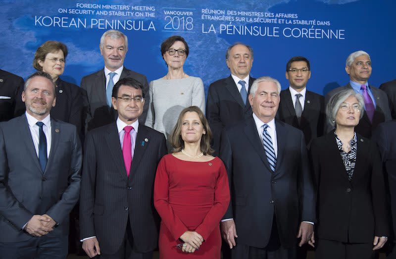 Canada’s Foreign Affairs Chrystia Freeland, centre, poses for a photo with Japanese Foreign Affairs Minister Taro Kono, second from left, U.S. Secretary of State Rex Tillerson, second from right, and South Korea’s Foreign Affairs Minister Kang Kyung-wha, right, along with other foreign ministers on Jan. 16, 2018. Photo from The Canadian Press.