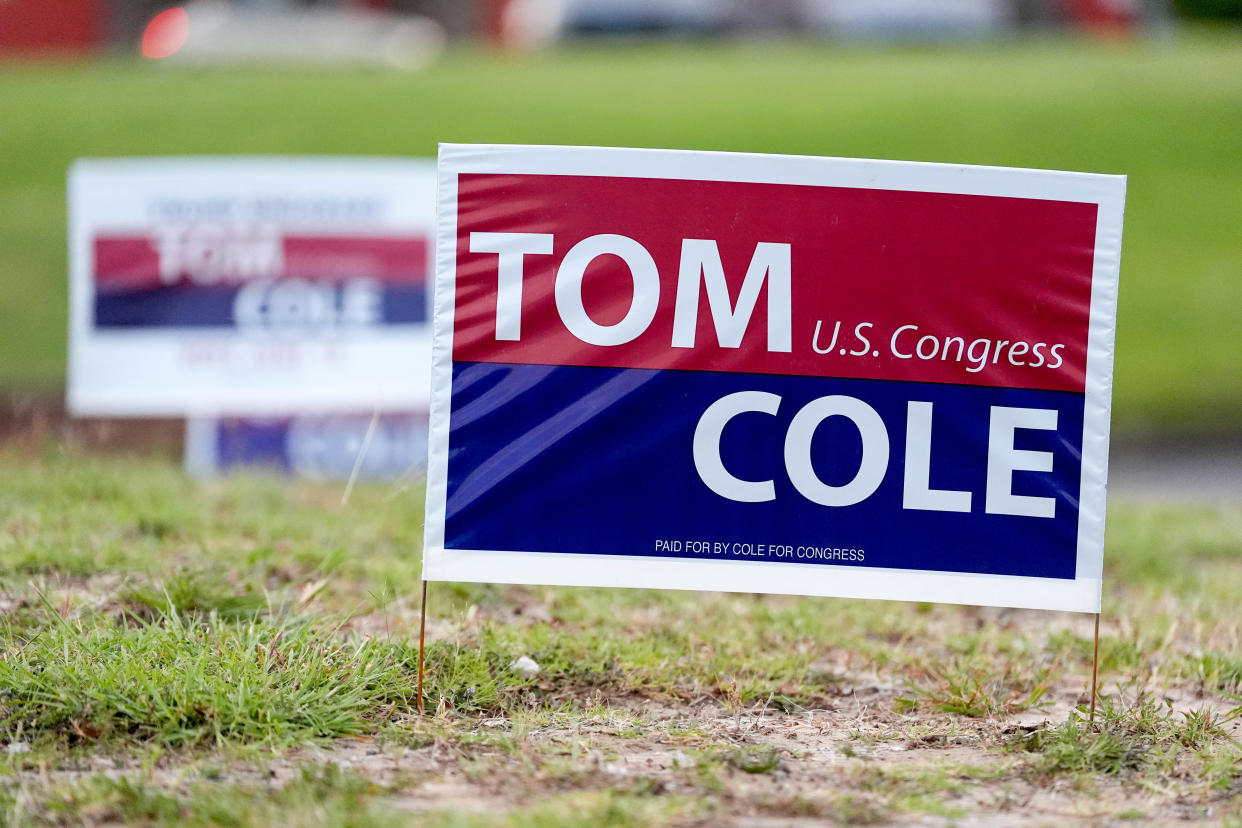 U.S. Rep. Tom Cole’s signs are planted outside at Cole's watch party at Nosh Restaurant in Moore, on Tuesday, June 18, 2024.