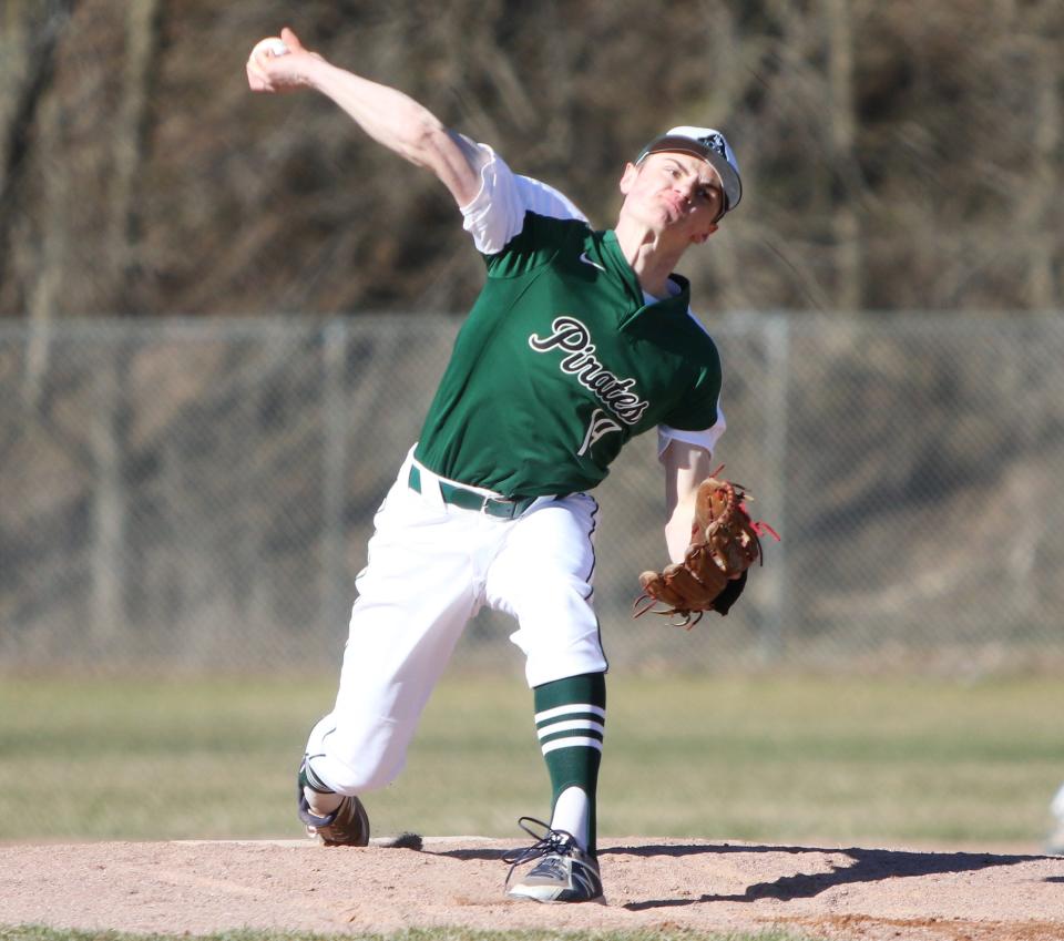 Port Washington pitcher George Klassen delivers a pitch against West Bend East on April 8, 2019.