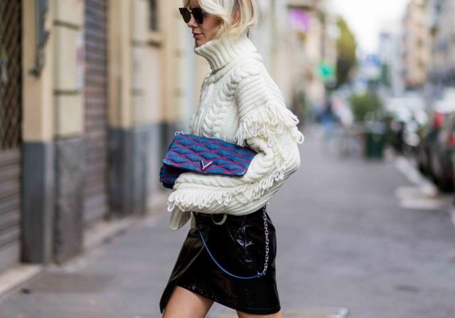 white denim skirt outfit with striped sweater louis vuitton